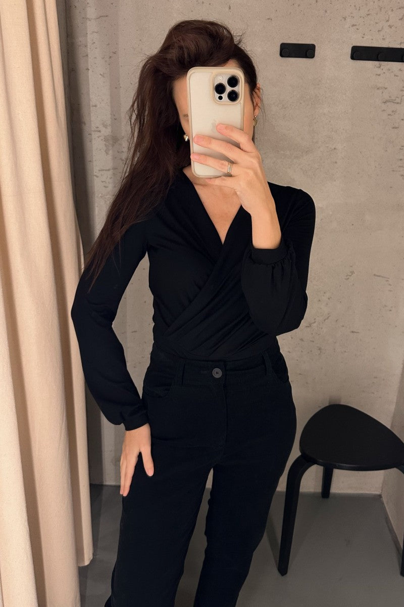 Elegant black micromodal wrap blouse
