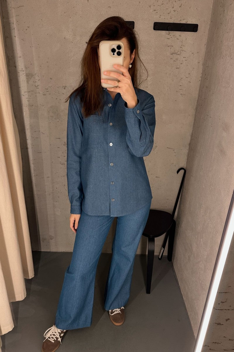 Navy blue denim shirt with patch pocket