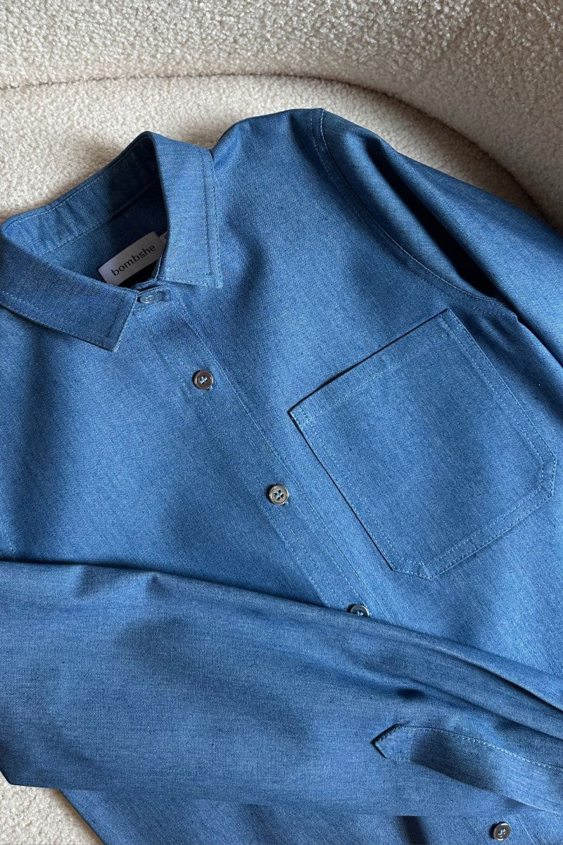 Navy blue denim shirt with patch pocket