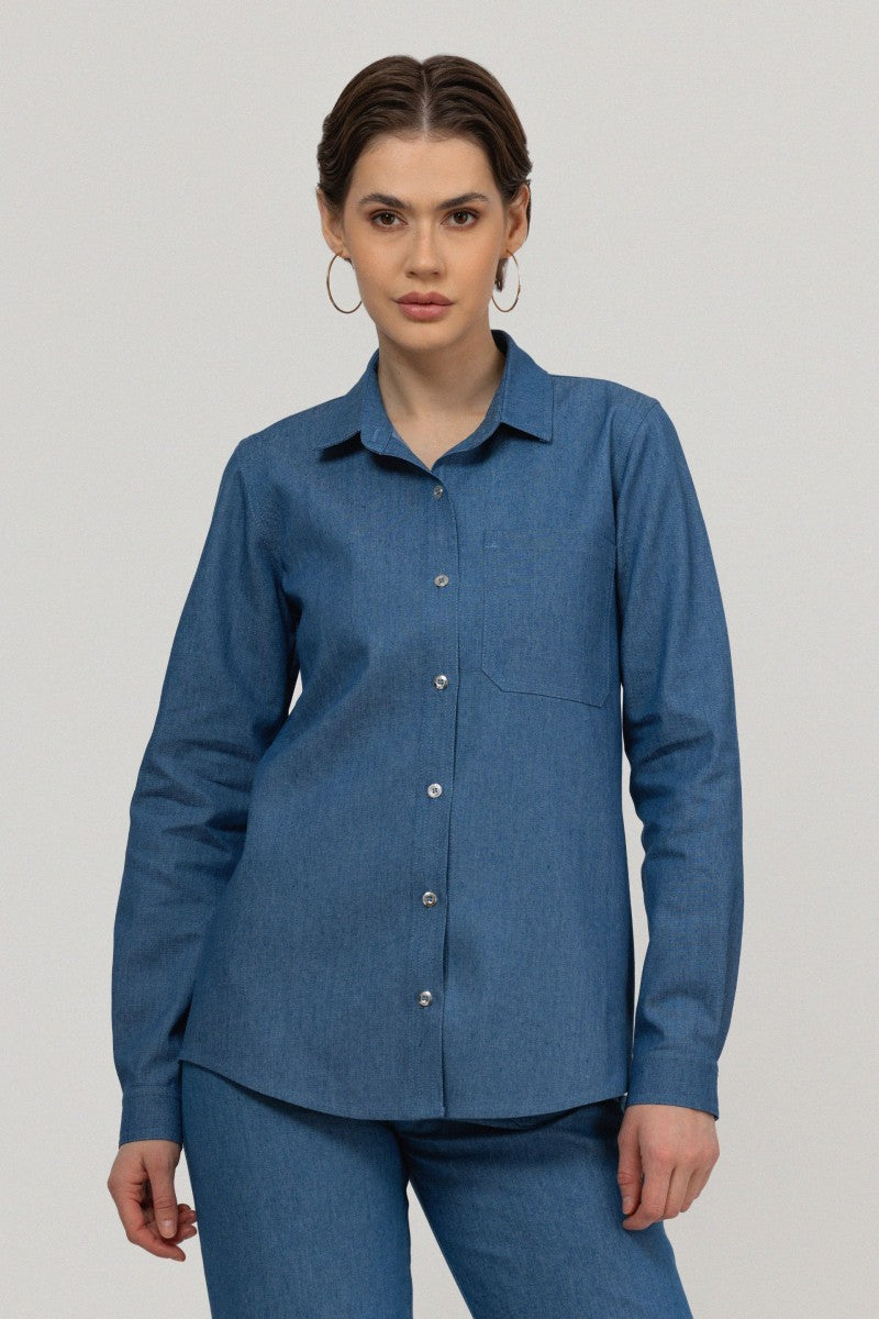 Navy blue denim shirt with patch pocket