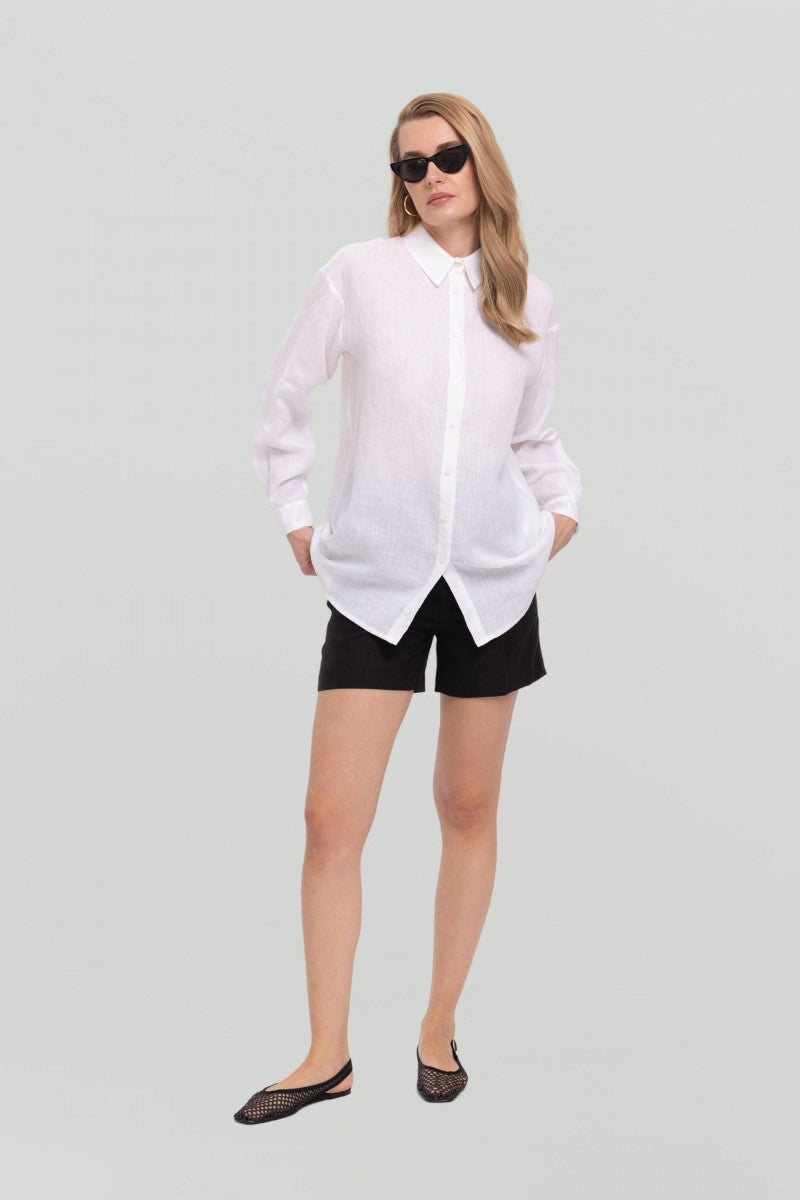 Loose-fitting white linen shirt