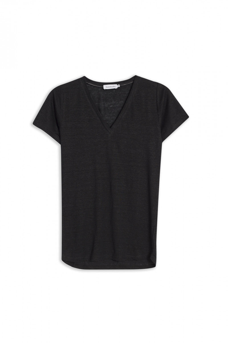 Lniany t-shirt z dekoltem v czarny - packshot