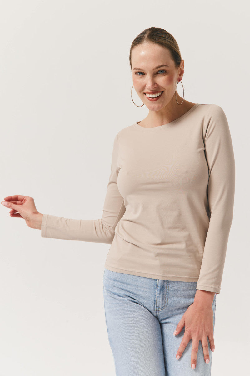 Longsleeve z dekoltem w łódkę taupe