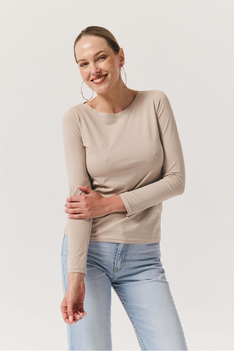 Longsleeve z dekoltem w łódkę taupe