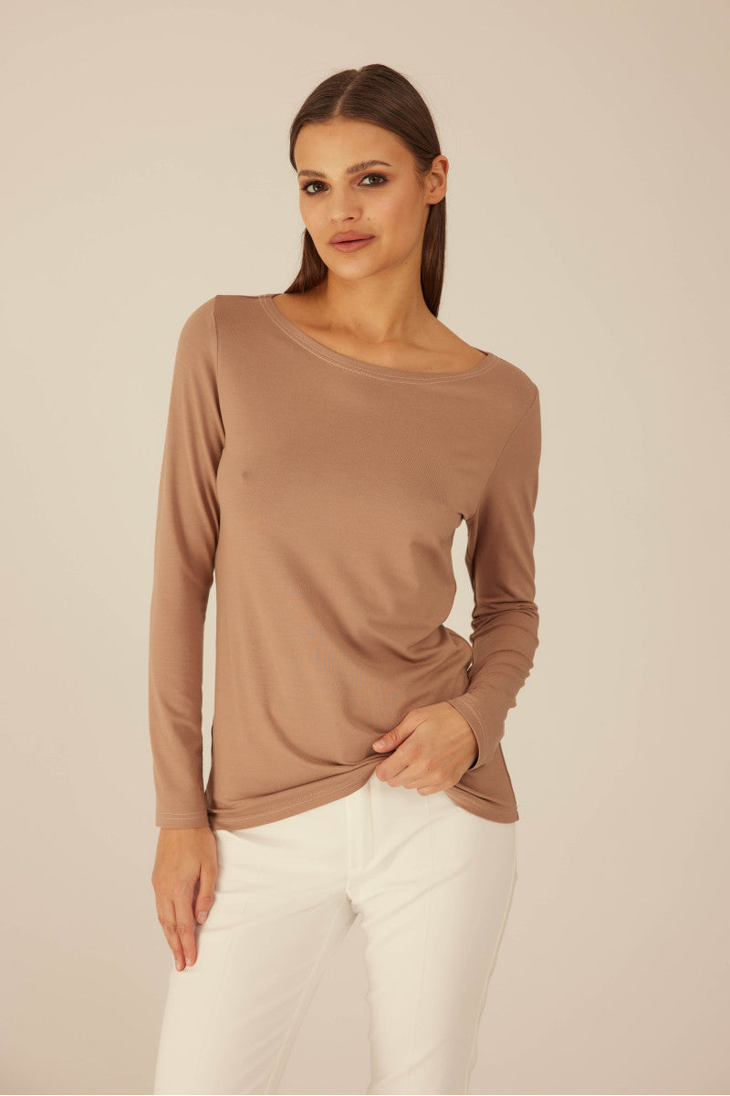 Longsleeve z dekoltem w łódkę capuccino