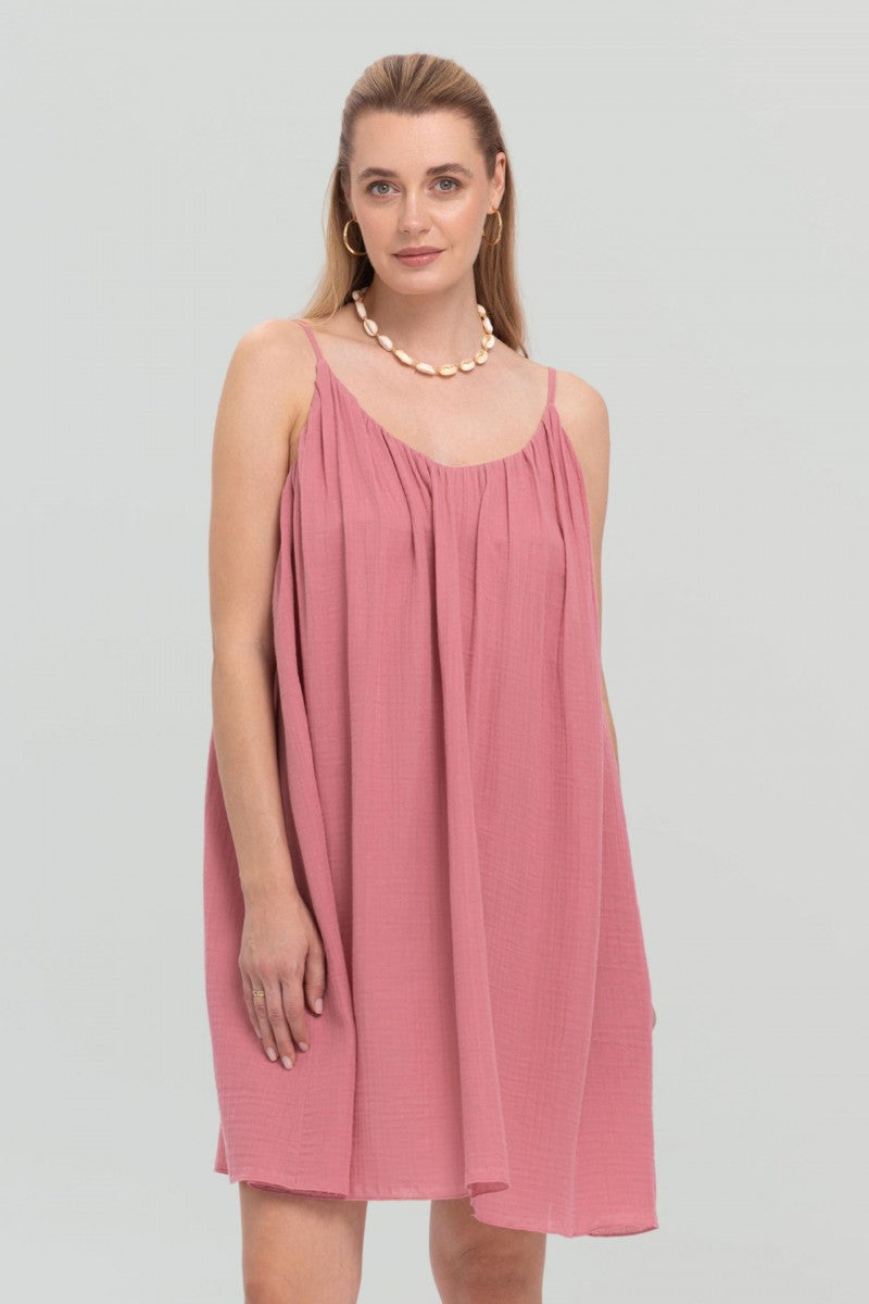 Muślinowa sukienka mini o luźnym kroju różowa