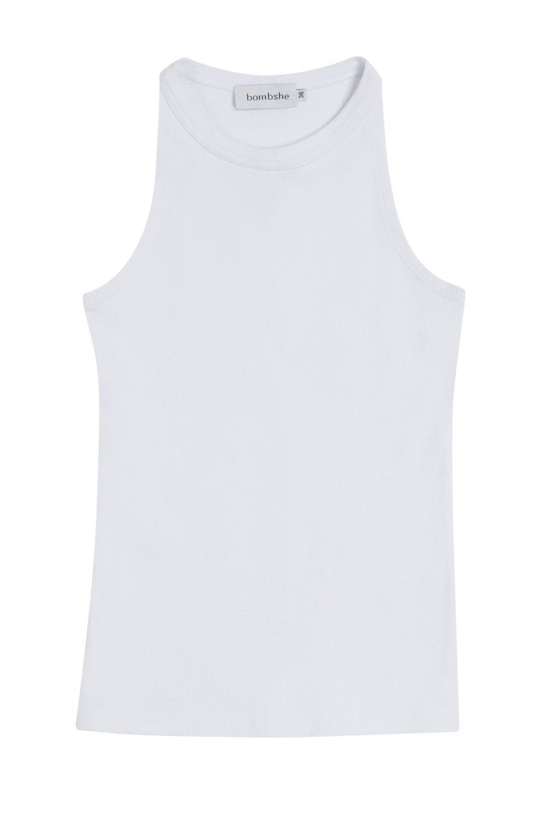 Prążkowany top z dekoltem halter śmietankowa