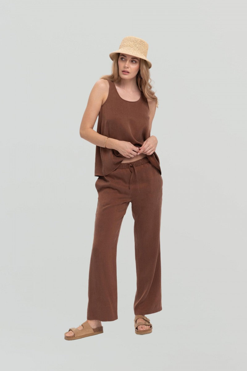 Proste spodnie na gumie z troczkami głęboki brązowe