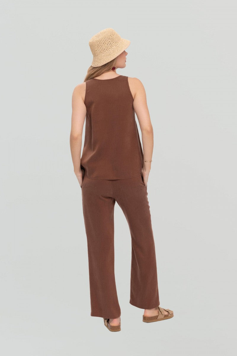 Proste spodnie na gumie z troczkami głęboki brązowe
