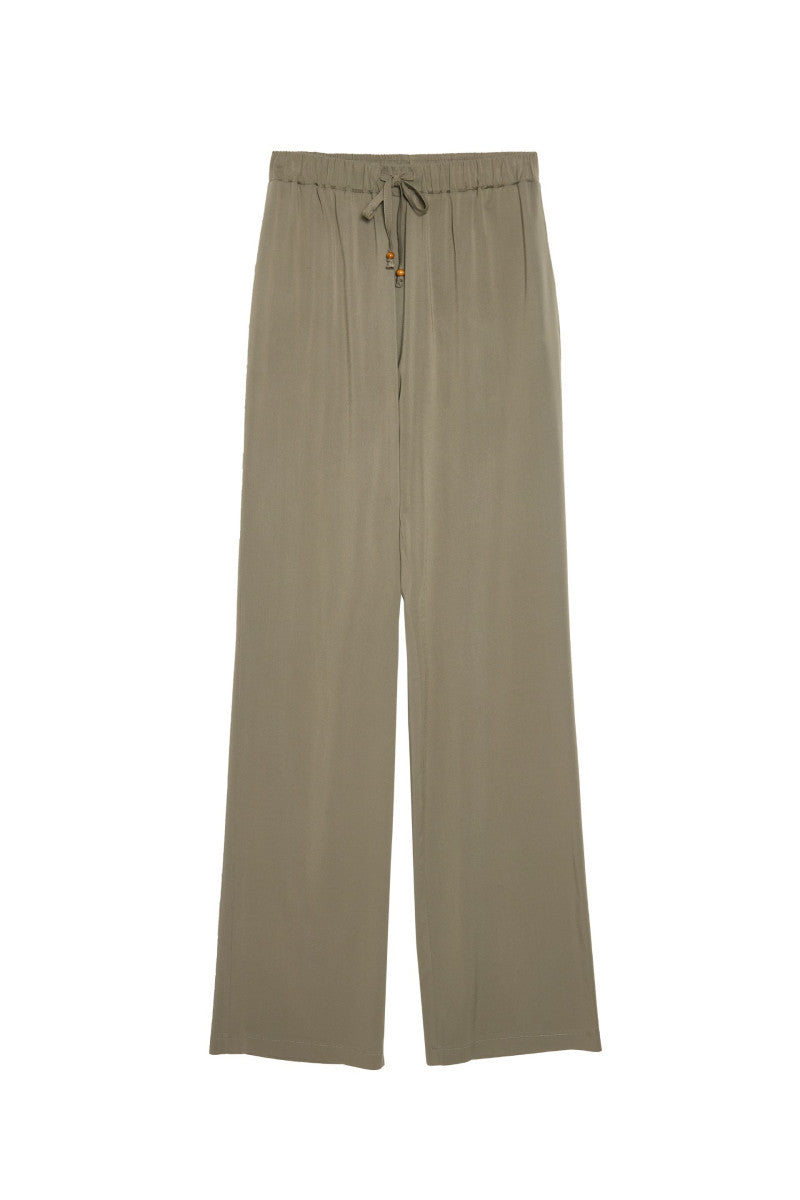 Straight khaki viscose trousers with tie