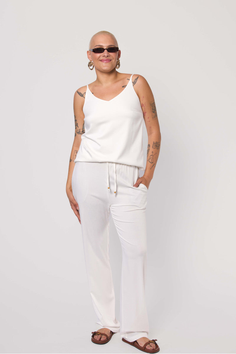 Proste spodnie z wiskozy z wiązaniem śmietankowe