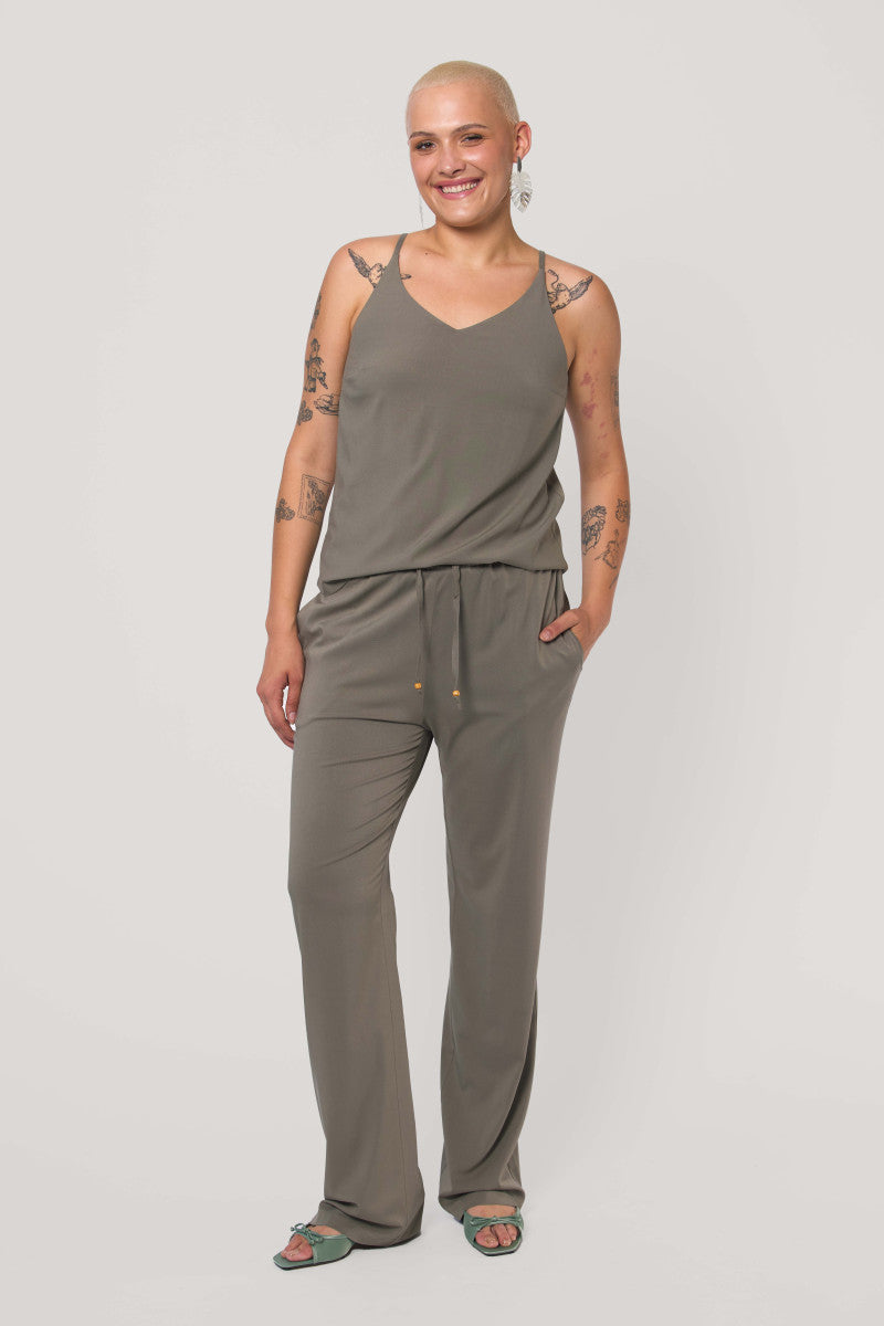 Proste spodnie z wiskozy z wiązaniem khaki