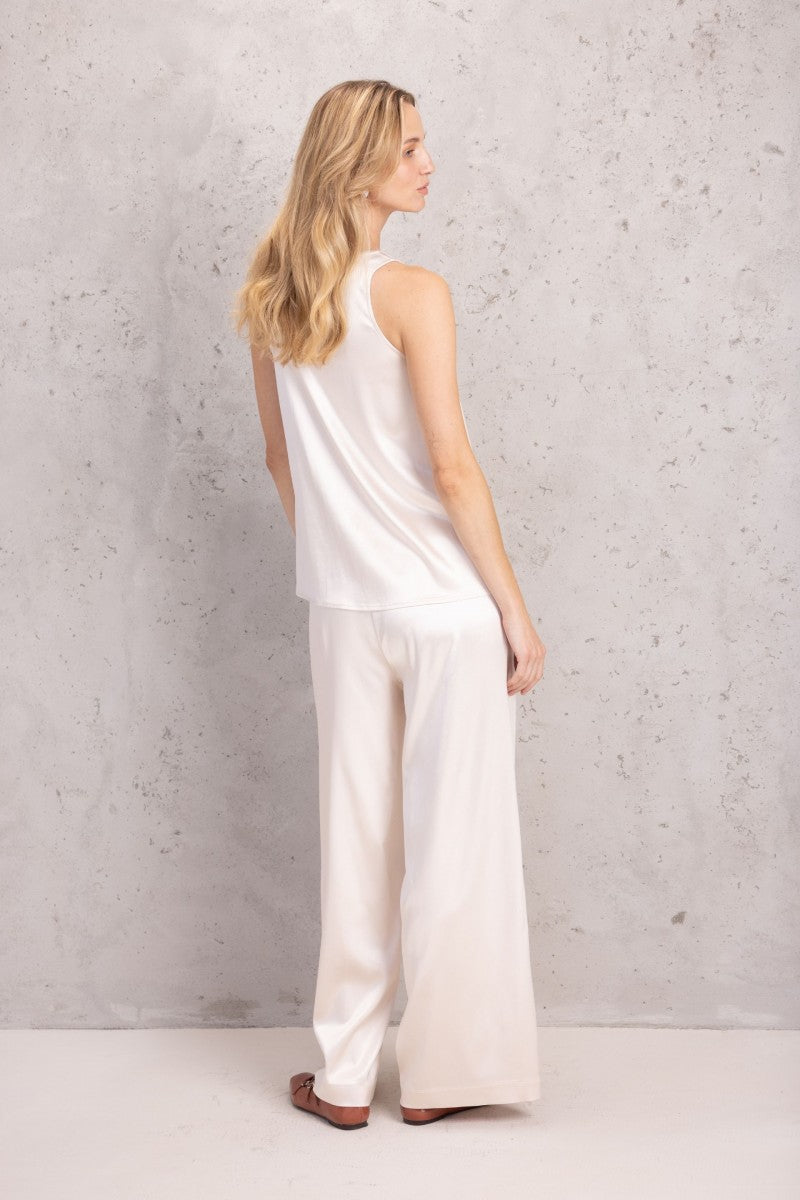 Satin trousers with elastic waistband, pearl gold