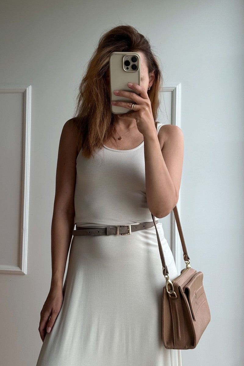 2 cm suede belt with square taupe gold buckle