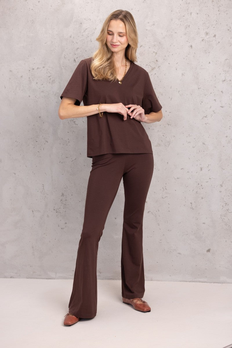 Spodnie dzwony z bawełnianej dzianiny brązowe