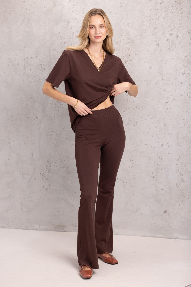 Spodnie dzwony z bawełnianej dzianiny brązowe