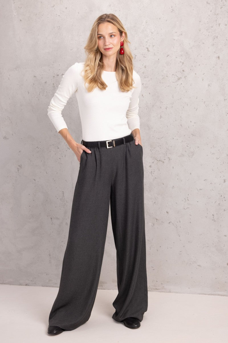Anthracite wide-cut trousers with elastic waistband and belt loops