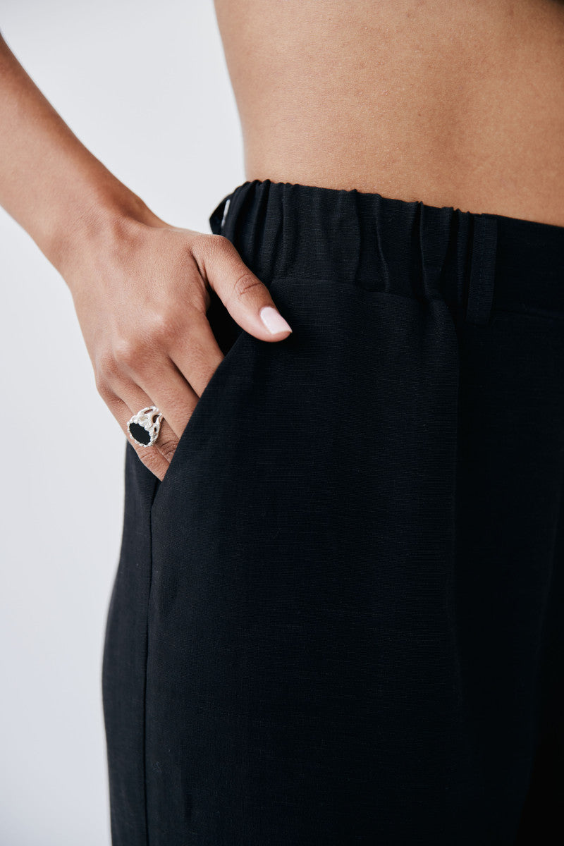 Spodnie z gumką z rayonu i lnu czarne