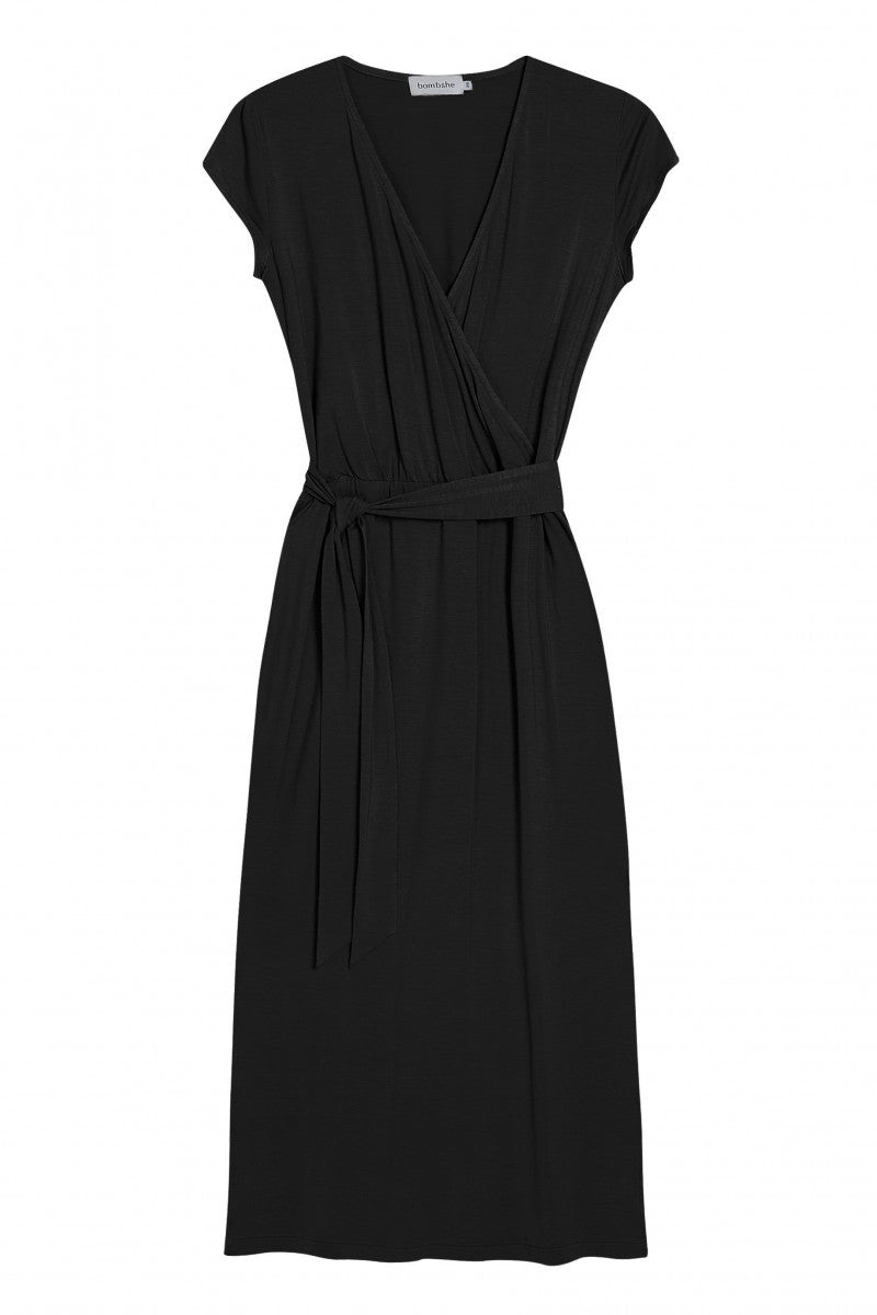 Sukienka kopertowa midi z krótkim rękawem czarna