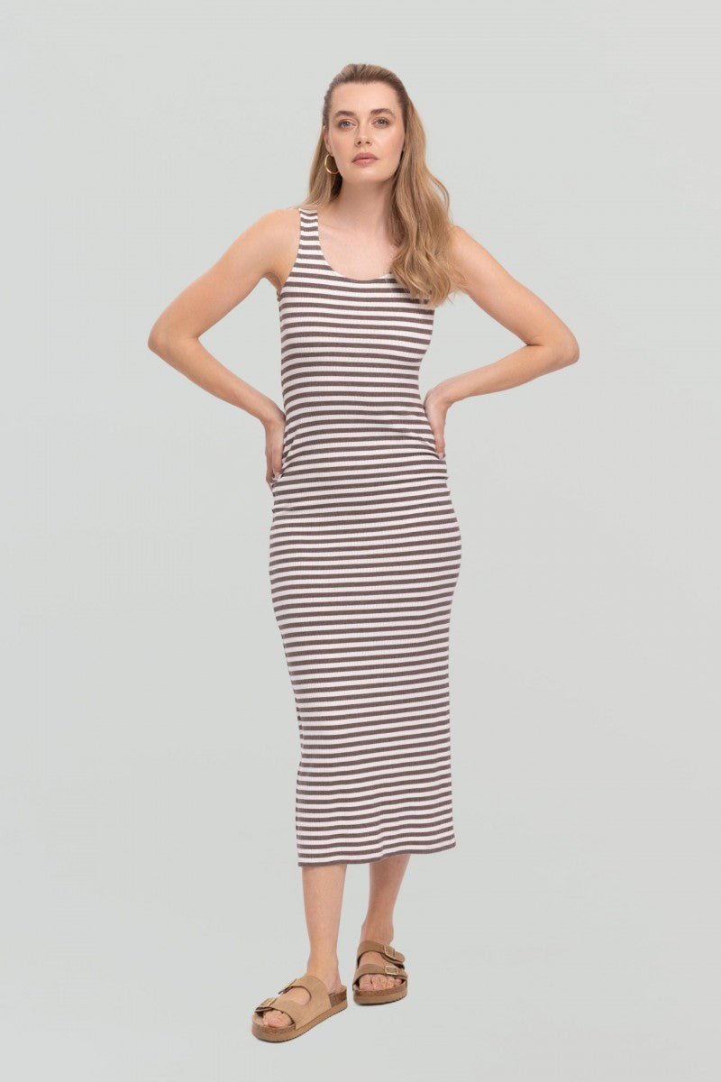 Sukienka maxi w paski śmietankowo- beżowa