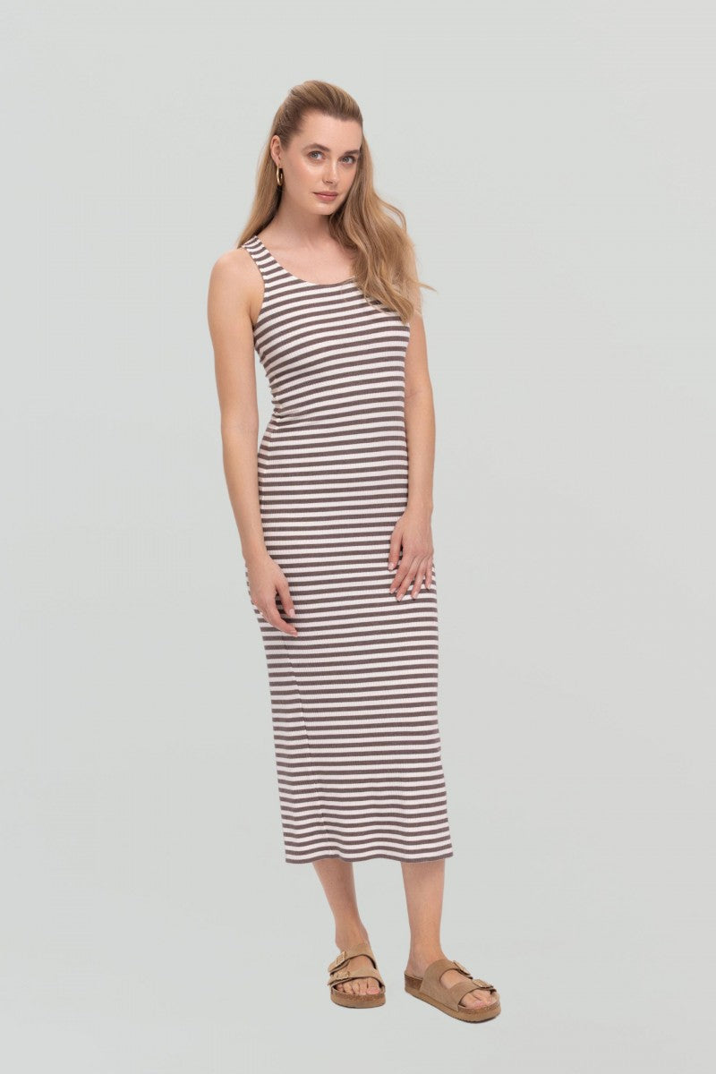 Sukienka maxi w paski śmietankowo- beżowa