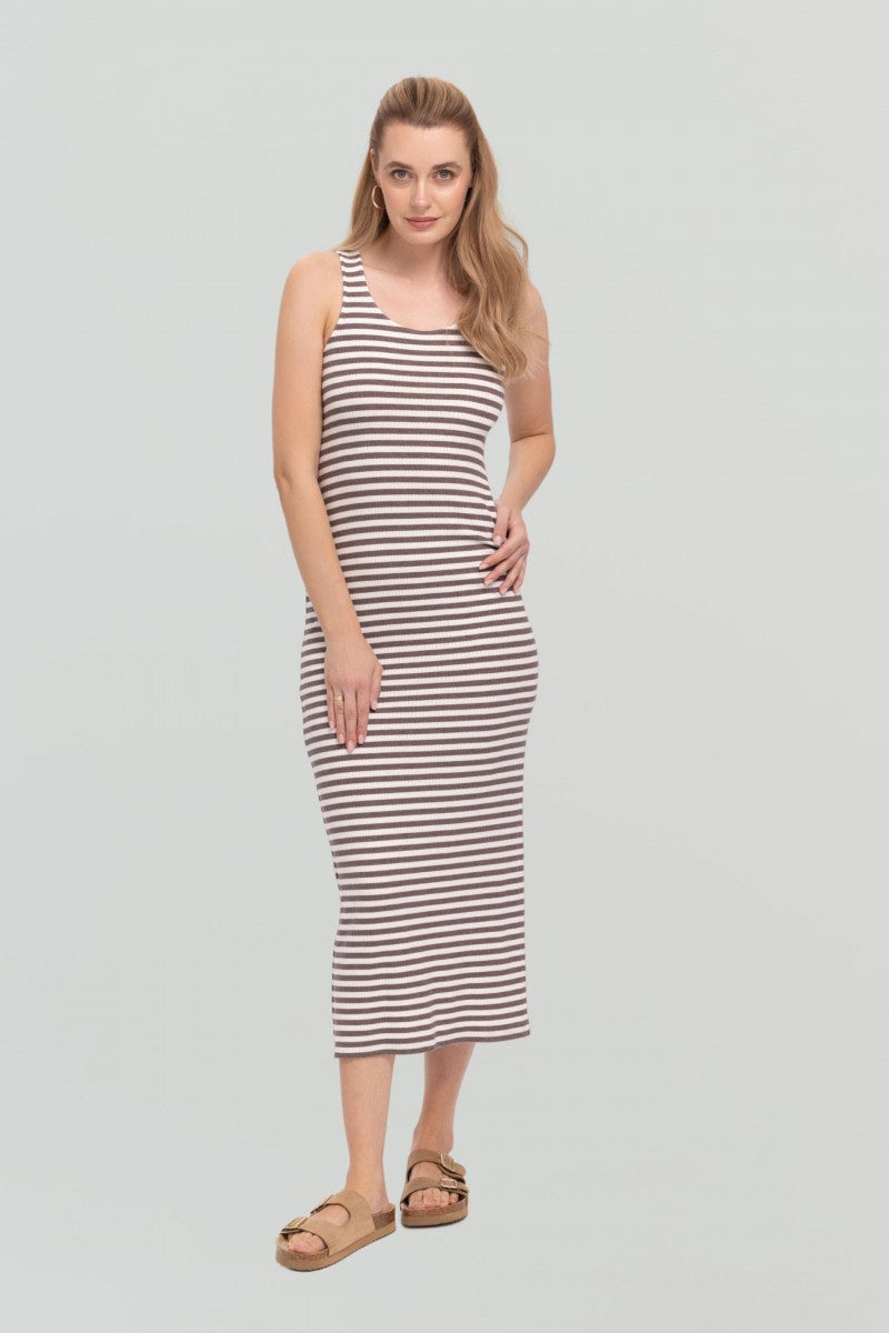 Sukienka maxi w paski śmietankowo- beżowa