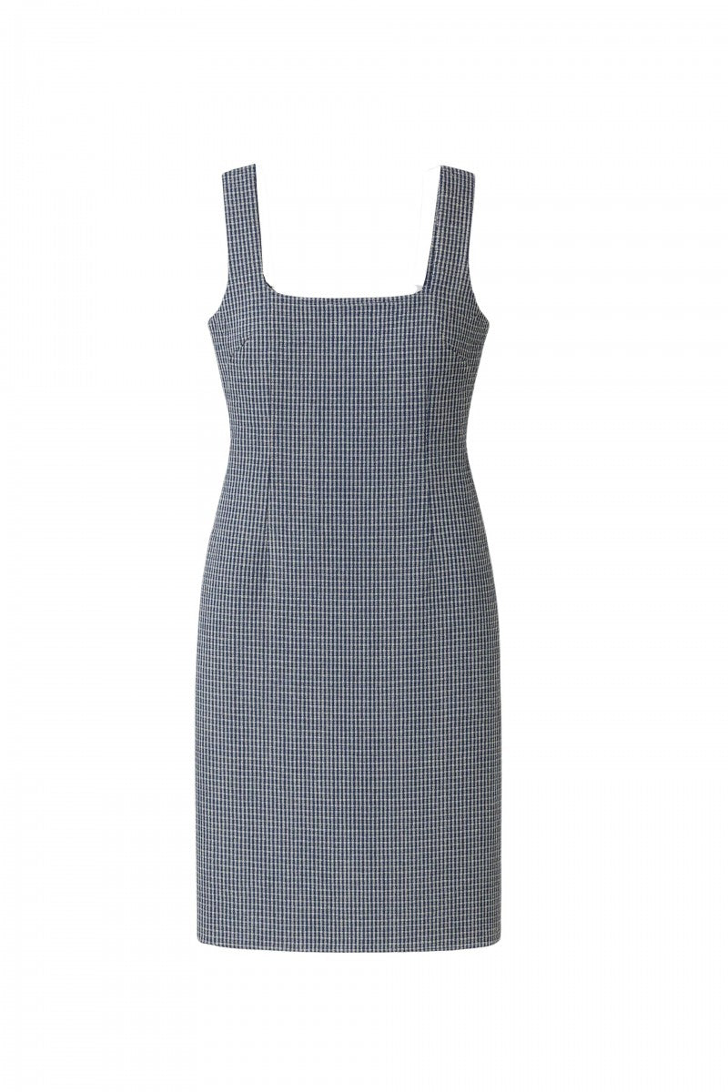 Blue bouclé dress with a square neckline