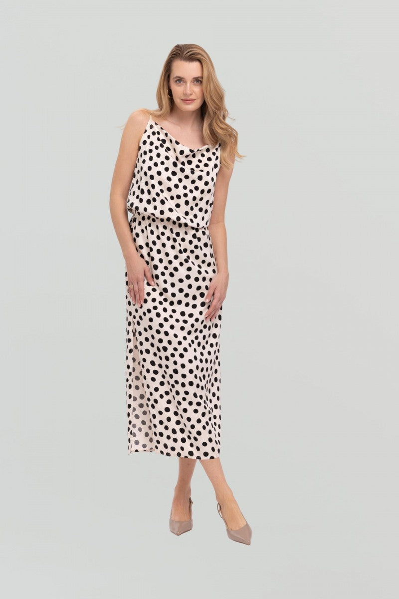 Sukienka w grochy z dekoltem typu woda śmietankowa