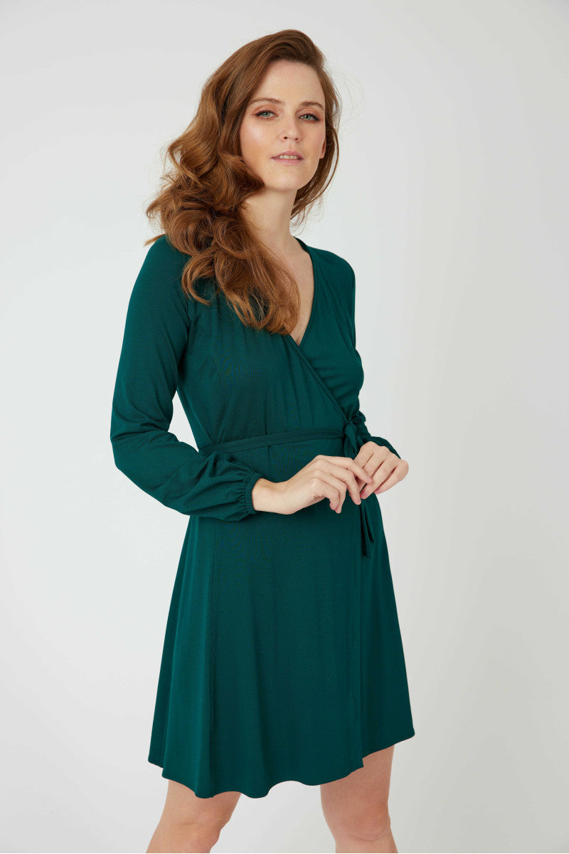 Bottle green knit wrap dress