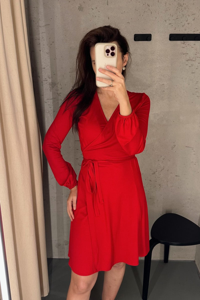 Red knit wrap dress