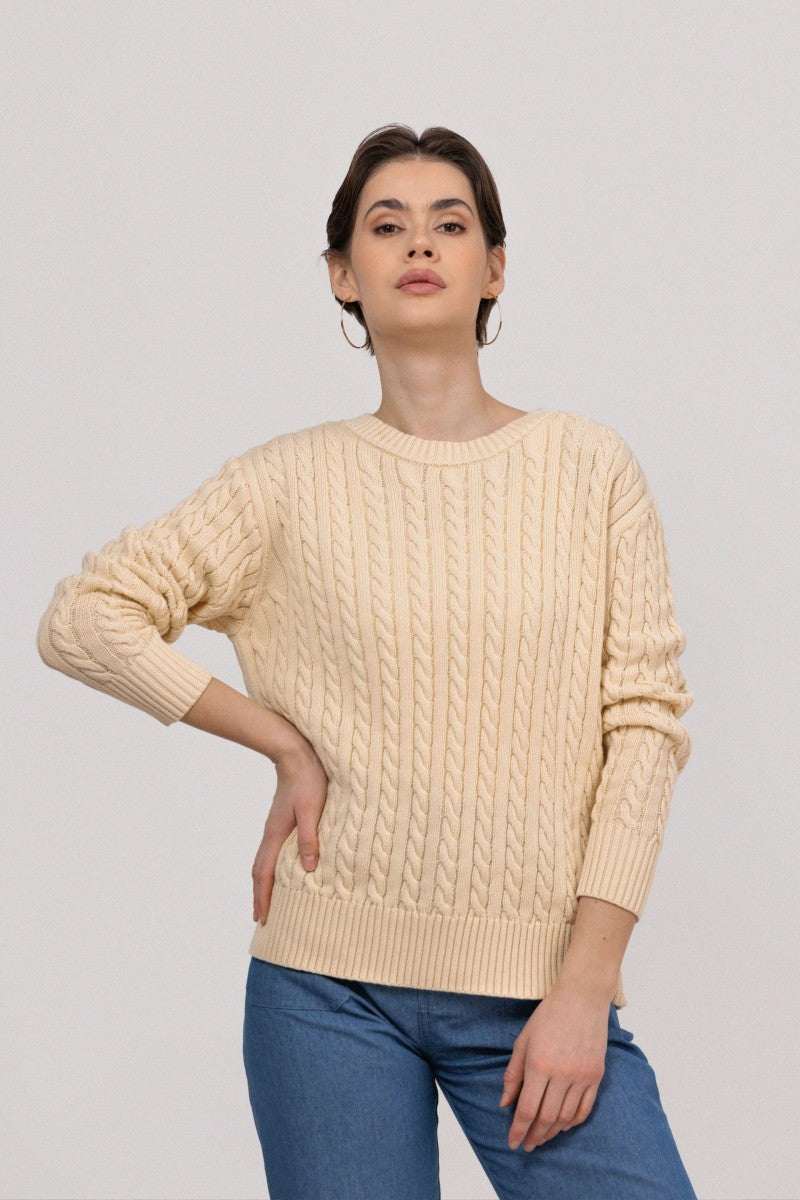 Pastel yellow cable-knit sweater