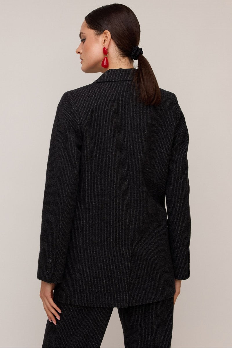 Wełniana marynarka w paski na jeden guzik czarna